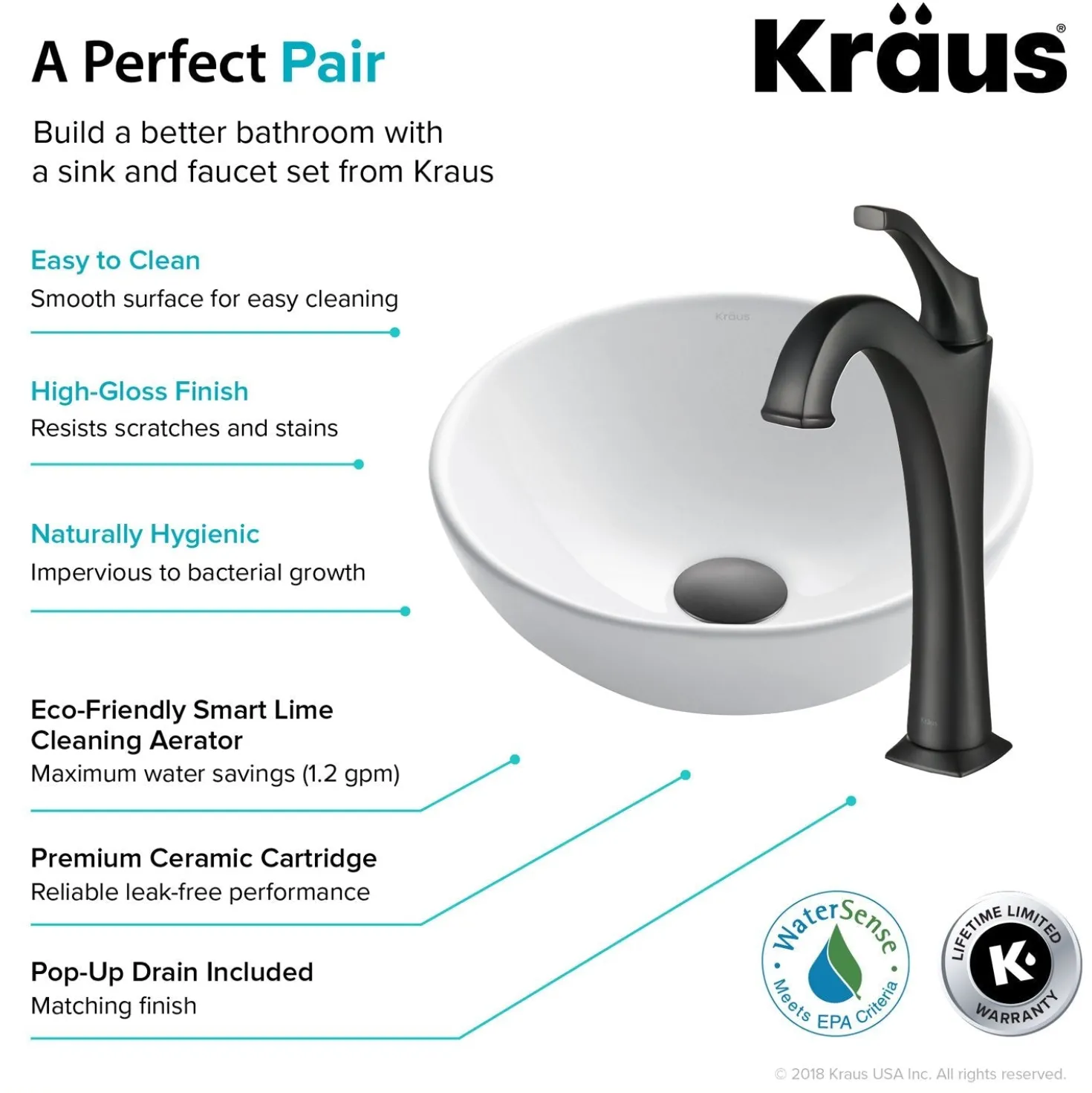 KRAUS Elavo 14-Inch Round White Porcelain Ceramic Bathroom Vessel Sink and Arlo Faucet Combo Set with Pop-Up Drain