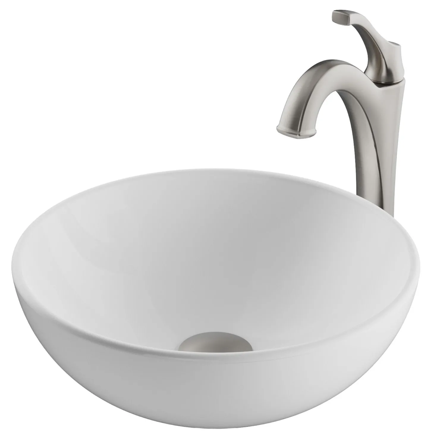 KRAUS Elavo 14-Inch Round White Porcelain Ceramic Bathroom Vessel Sink and Arlo Faucet Combo Set with Pop-Up Drain
