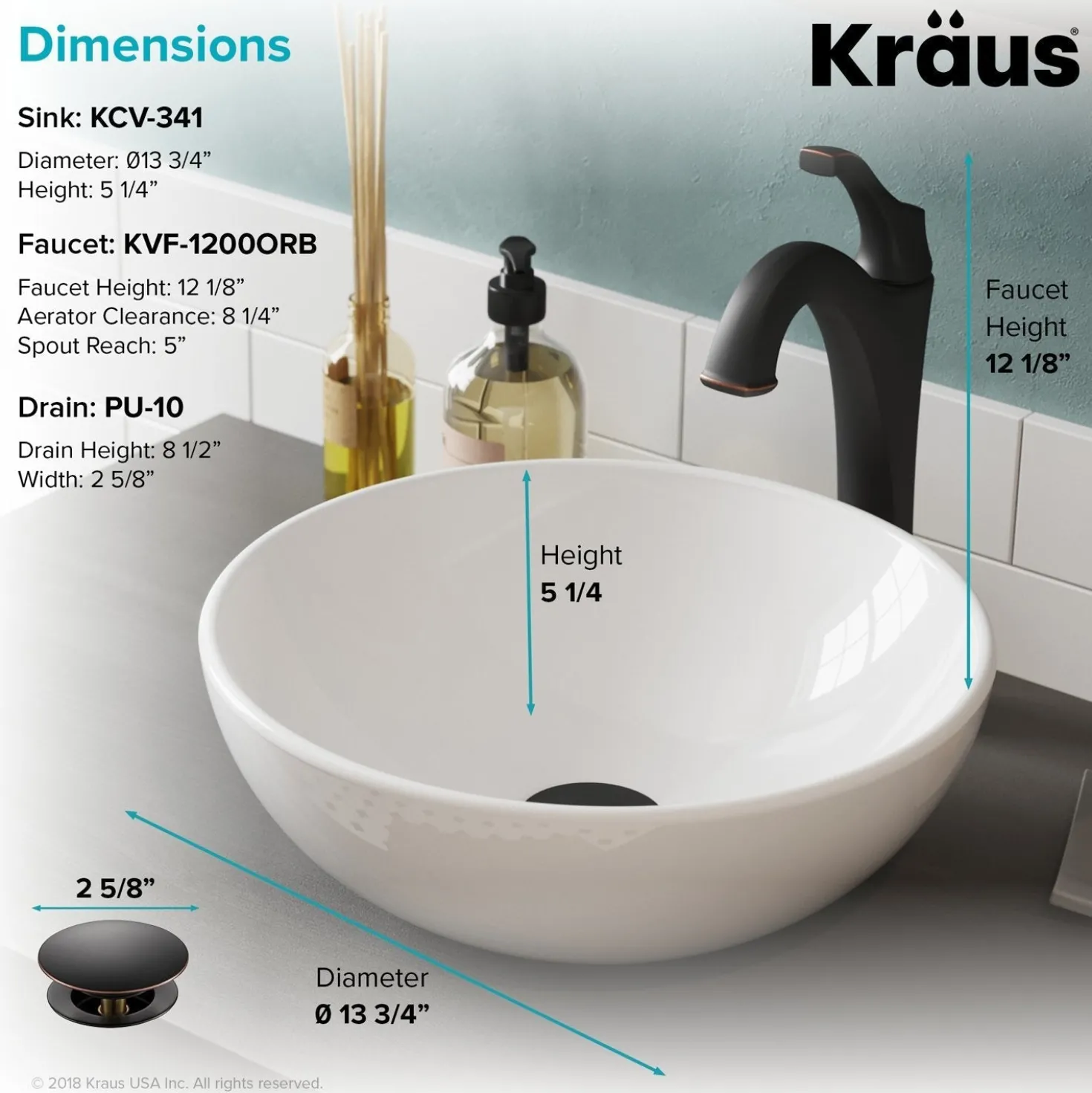 KRAUS Elavo 14-Inch Round White Porcelain Ceramic Bathroom Vessel Sink and Arlo Faucet Combo Set with Pop-Up Drain
