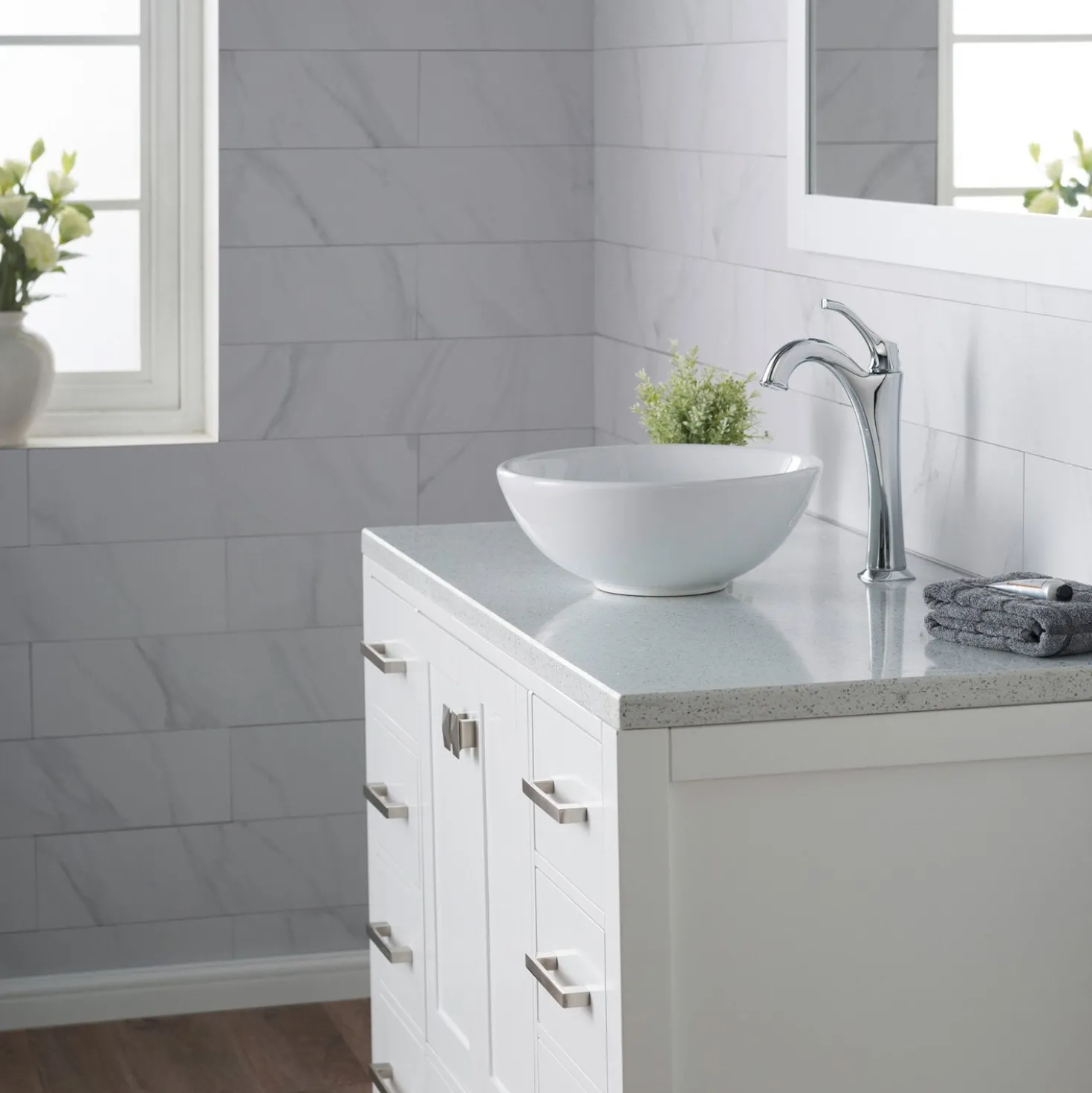 KRAUS Elavo 14-Inch Round White Porcelain Ceramic Bathroom Vessel Sink and Arlo Faucet Combo Set with Pop-Up Drain