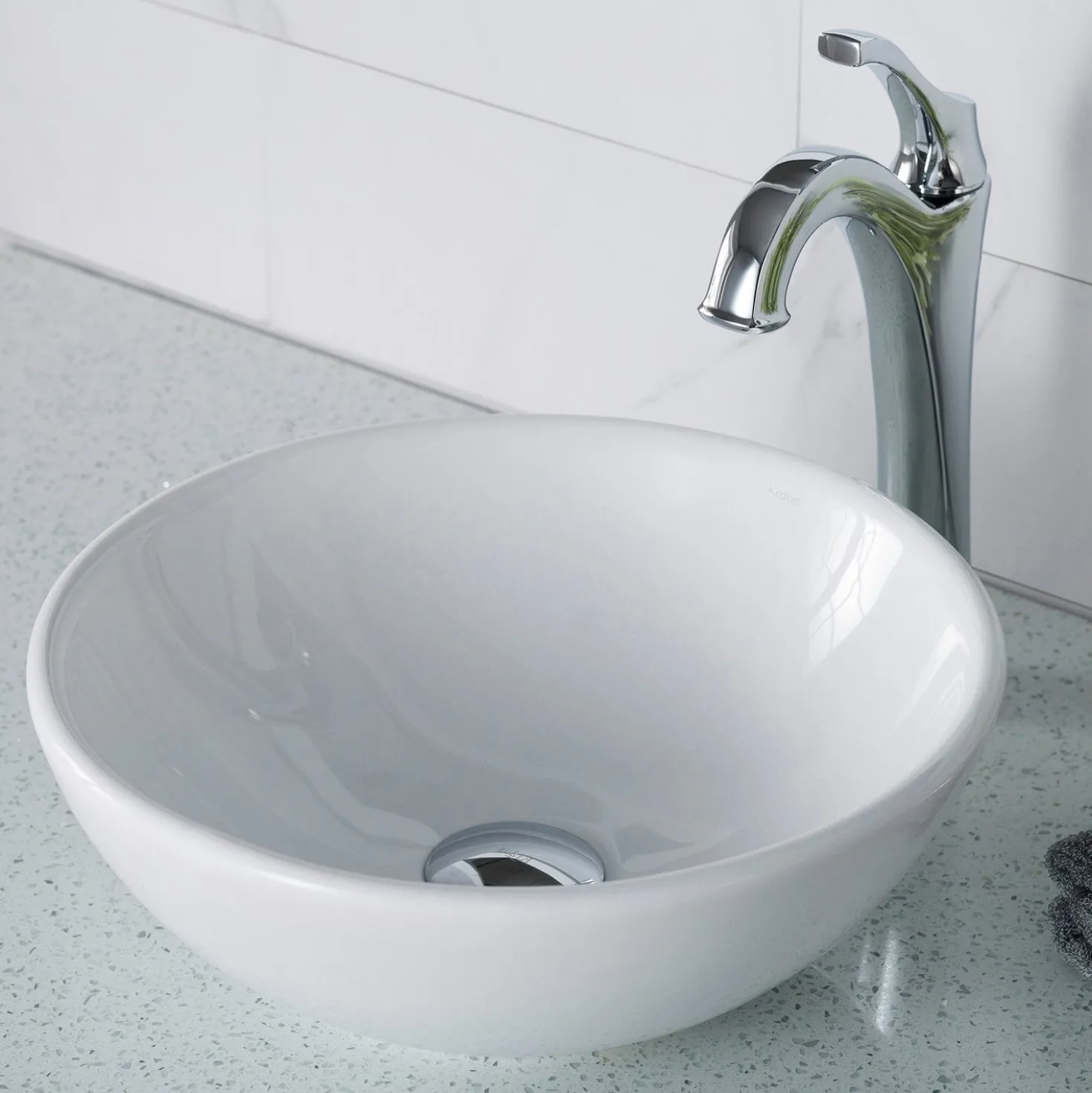 KRAUS Elavo 14-Inch Round White Porcelain Ceramic Bathroom Vessel Sink and Arlo Faucet Combo Set with Pop-Up Drain