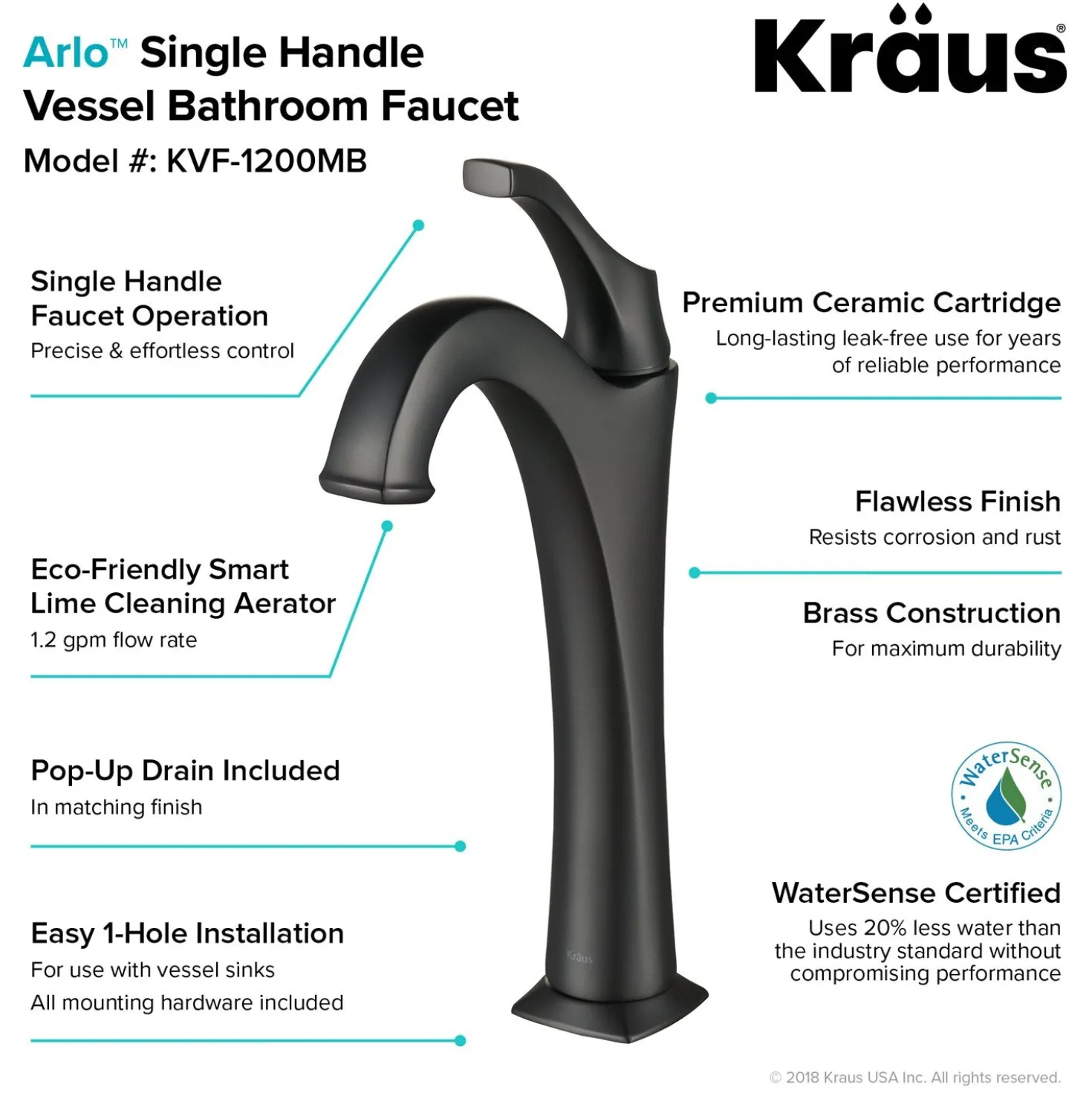 KRAUS Elavo 14-Inch Round White Porcelain Ceramic Bathroom Vessel Sink and Arlo Faucet Combo Set with Pop-Up Drain