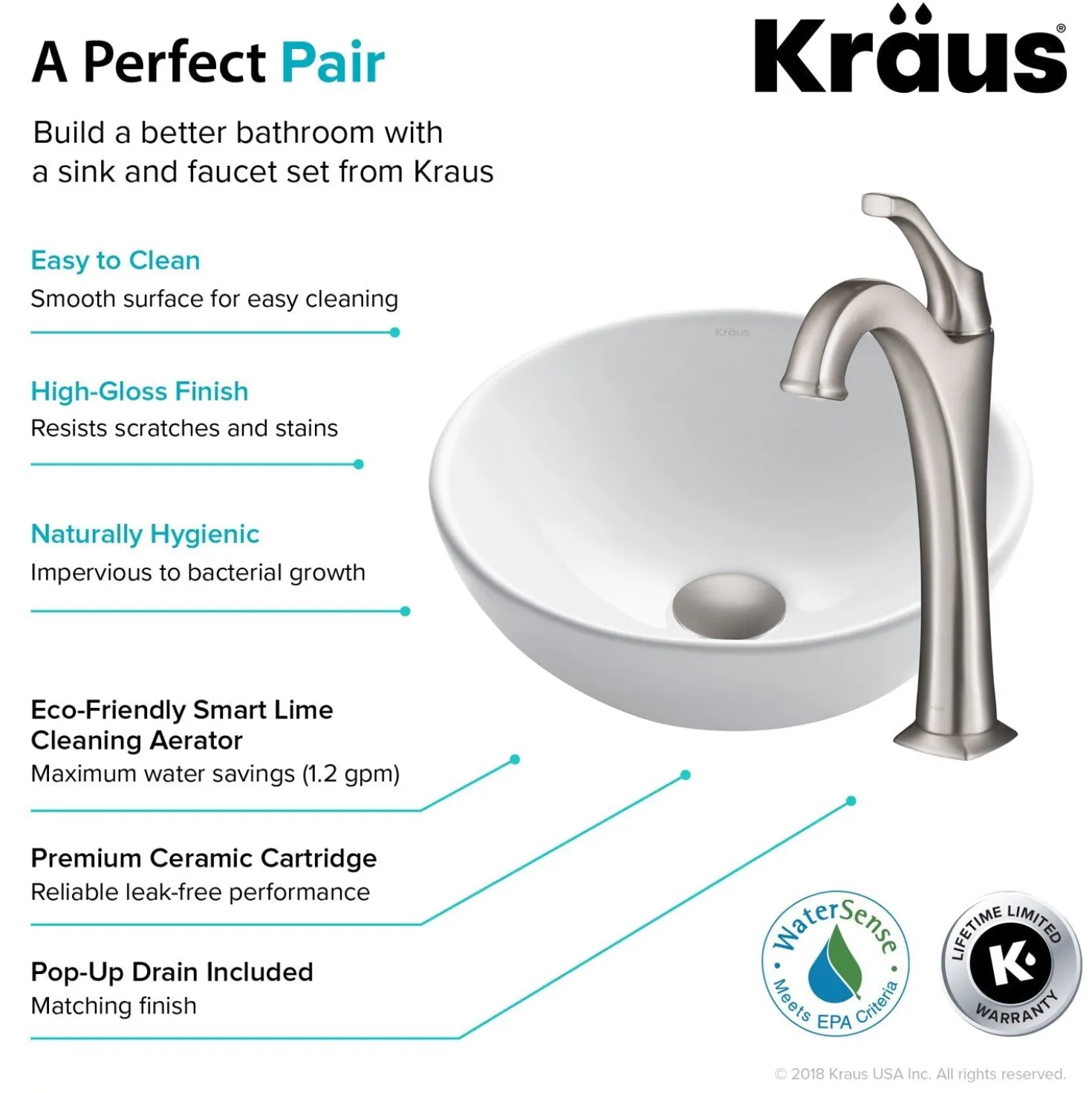 KRAUS Elavo 14-Inch Round White Porcelain Ceramic Bathroom Vessel Sink and Arlo Faucet Combo Set with Pop-Up Drain