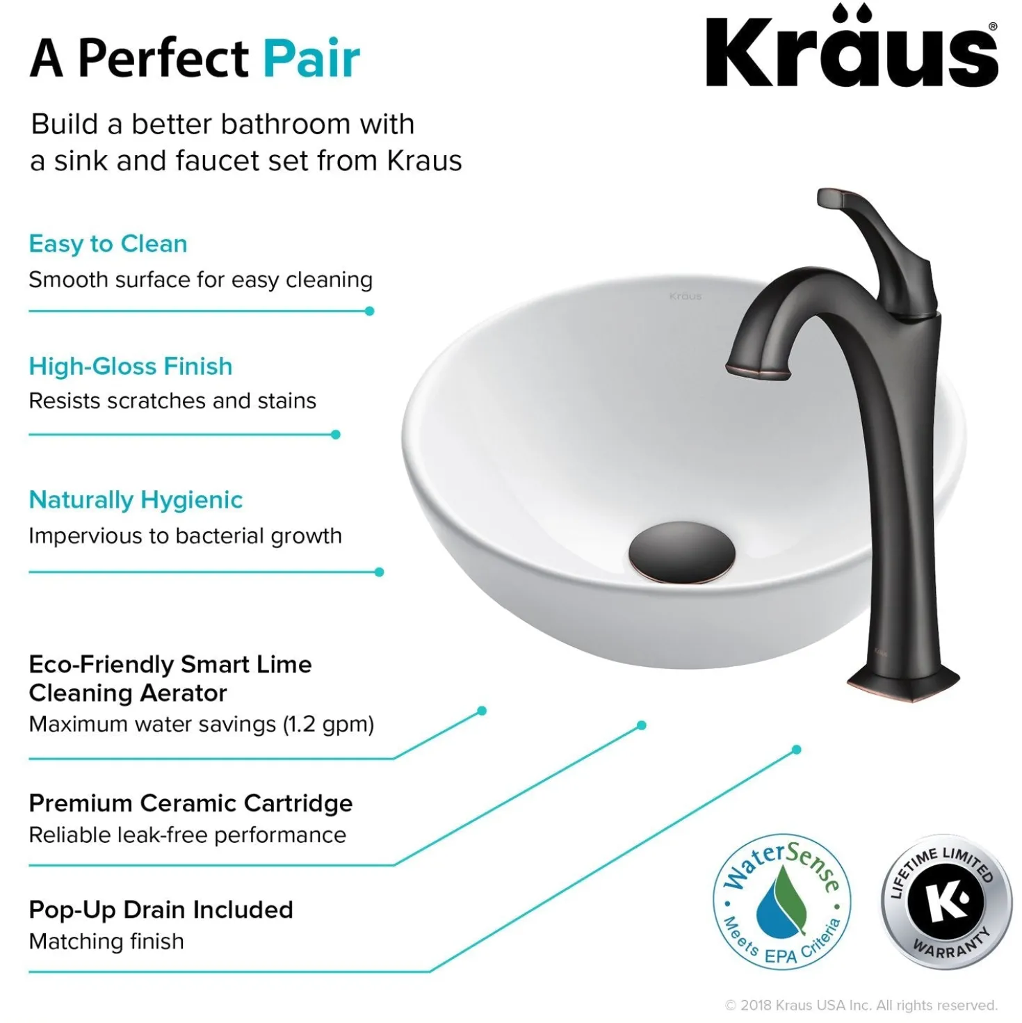 KRAUS Elavo 14-Inch Round White Porcelain Ceramic Bathroom Vessel Sink and Arlo Faucet Combo Set with Pop-Up Drain