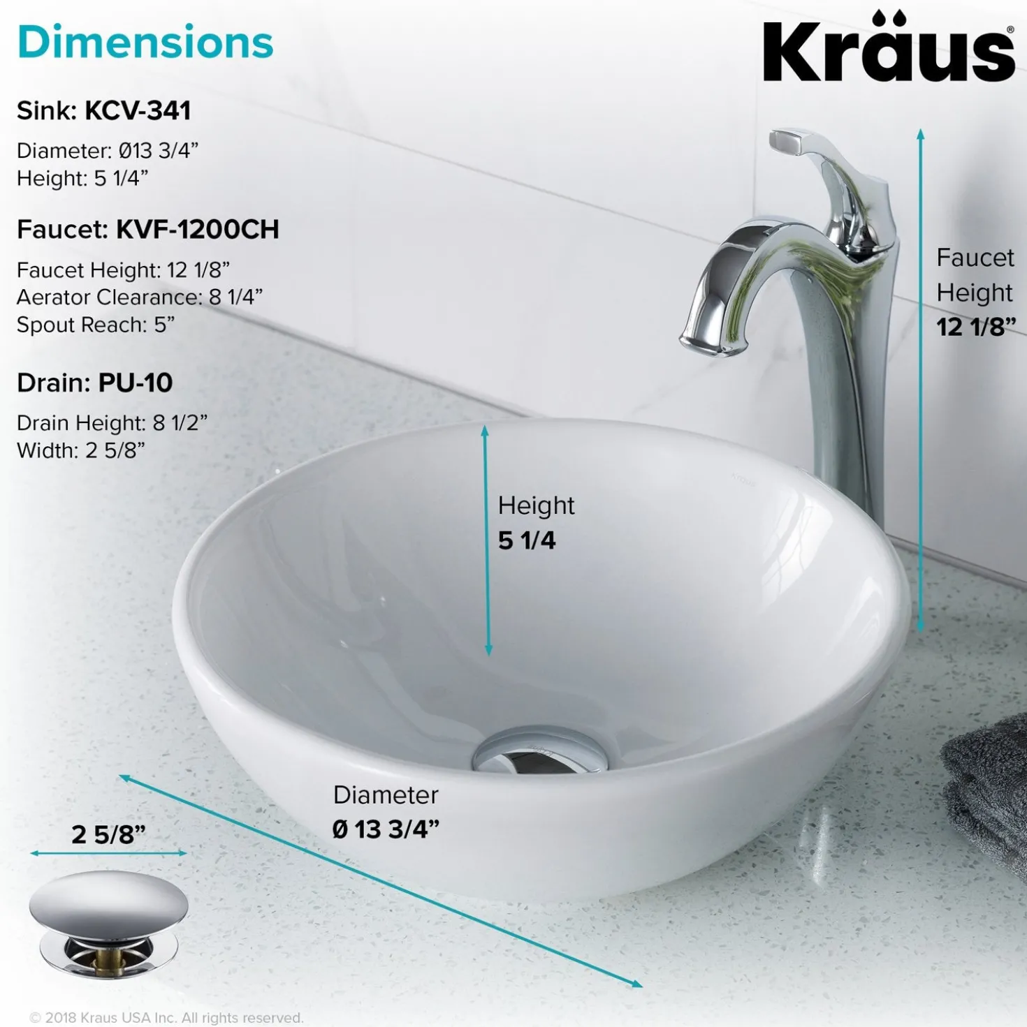 KRAUS Elavo 14-Inch Round White Porcelain Ceramic Bathroom Vessel Sink and Arlo Faucet Combo Set with Pop-Up Drain