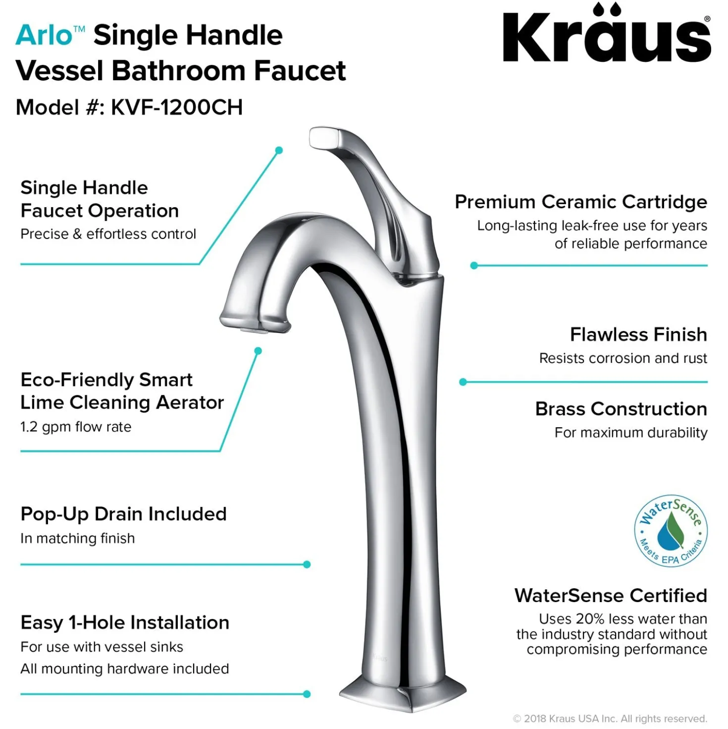 KRAUS Elavo 14-Inch Round White Porcelain Ceramic Bathroom Vessel Sink and Arlo Faucet Combo Set with Pop-Up Drain