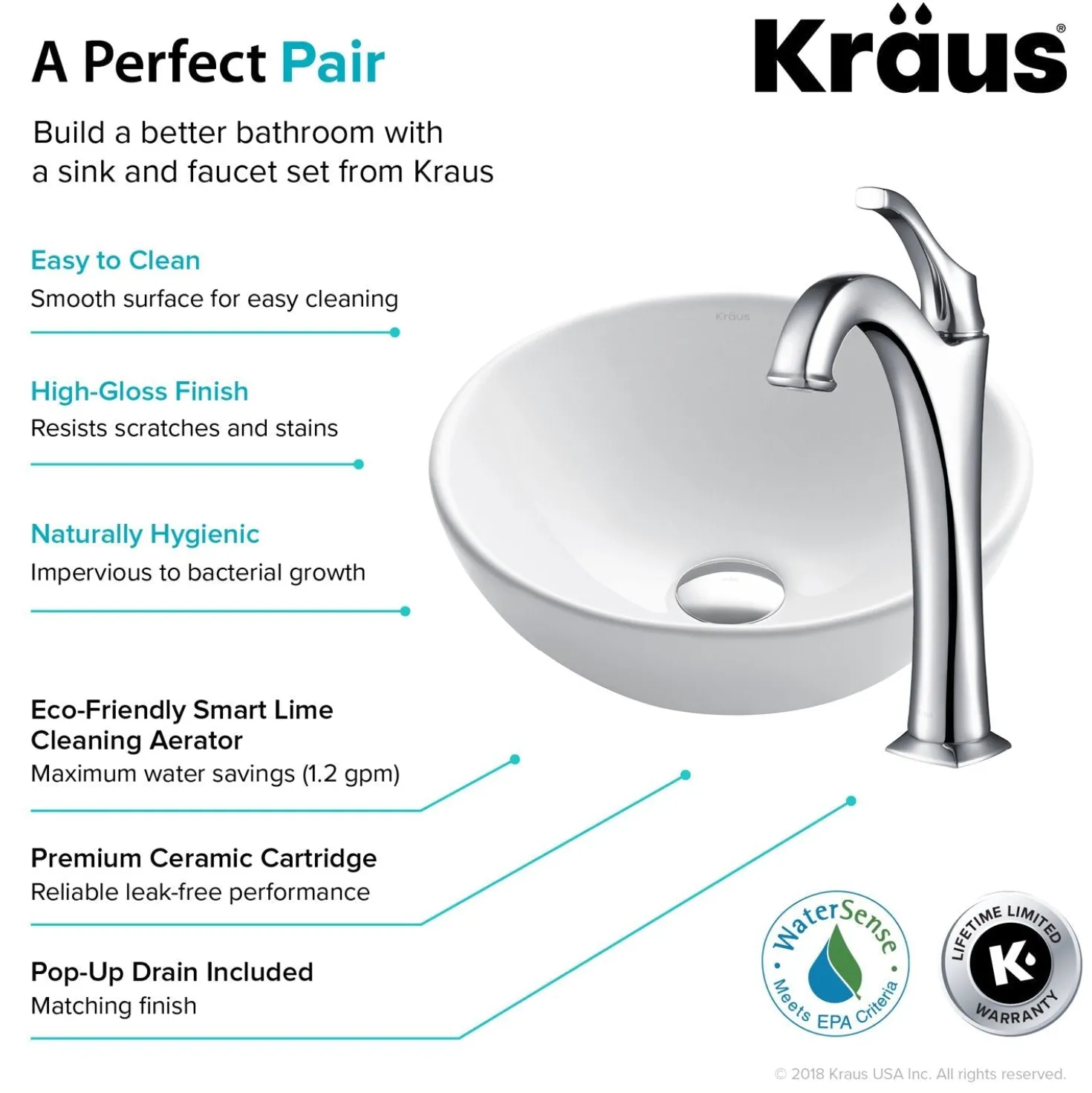 KRAUS Elavo 14-Inch Round White Porcelain Ceramic Bathroom Vessel Sink and Arlo Faucet Combo Set with Pop-Up Drain