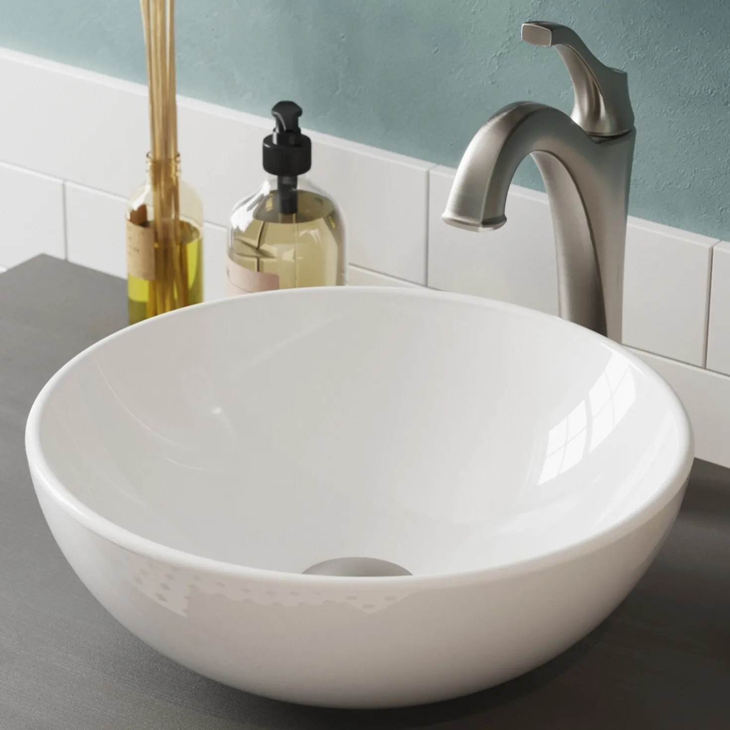 KRAUS Elavo 14-Inch Round White Porcelain Ceramic Bathroom Vessel Sink and Arlo Faucet Combo Set with Pop-Up Drain