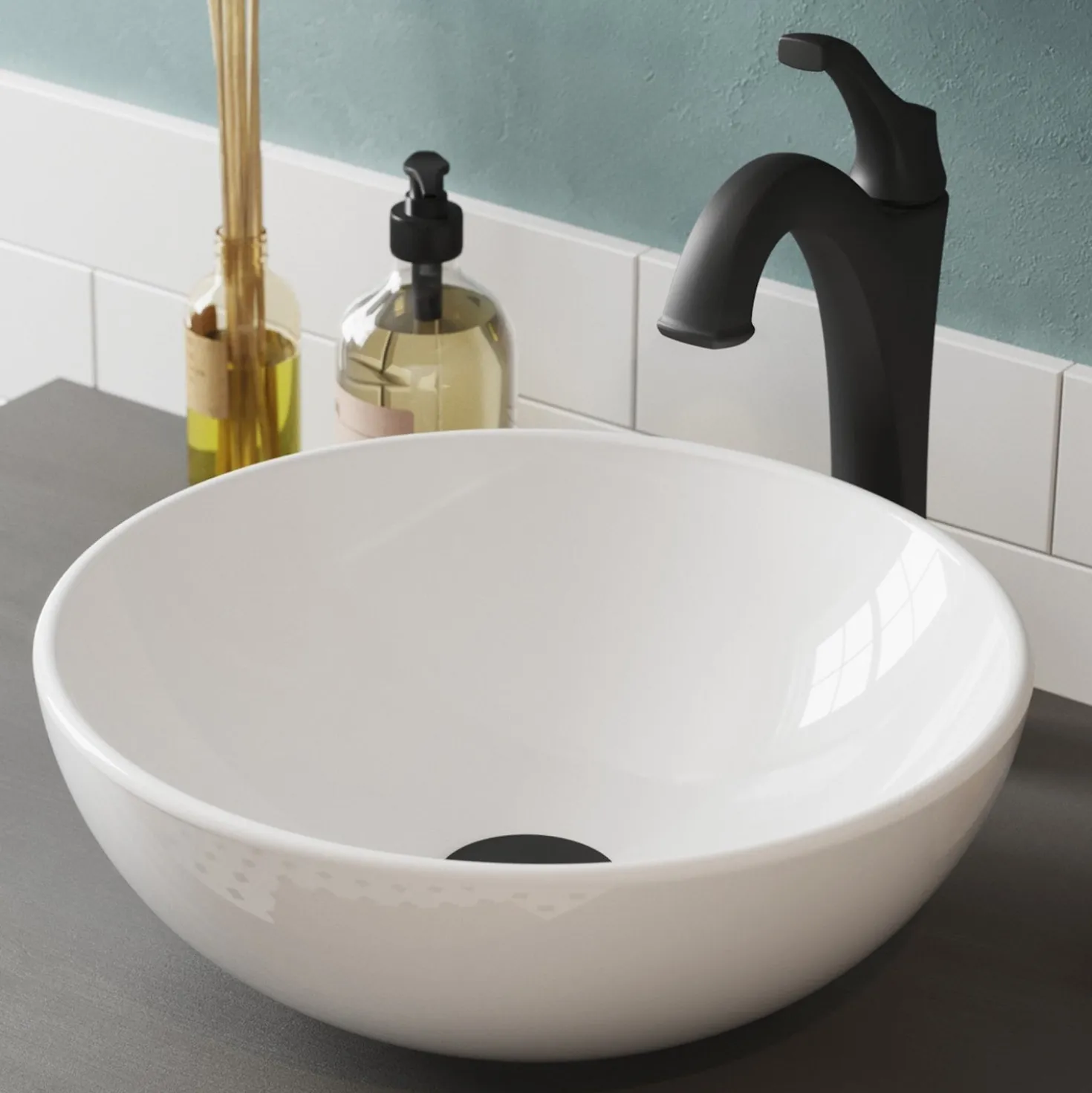 KRAUS Elavo 14-Inch Round White Porcelain Ceramic Bathroom Vessel Sink and Arlo Faucet Combo Set with Pop-Up Drain