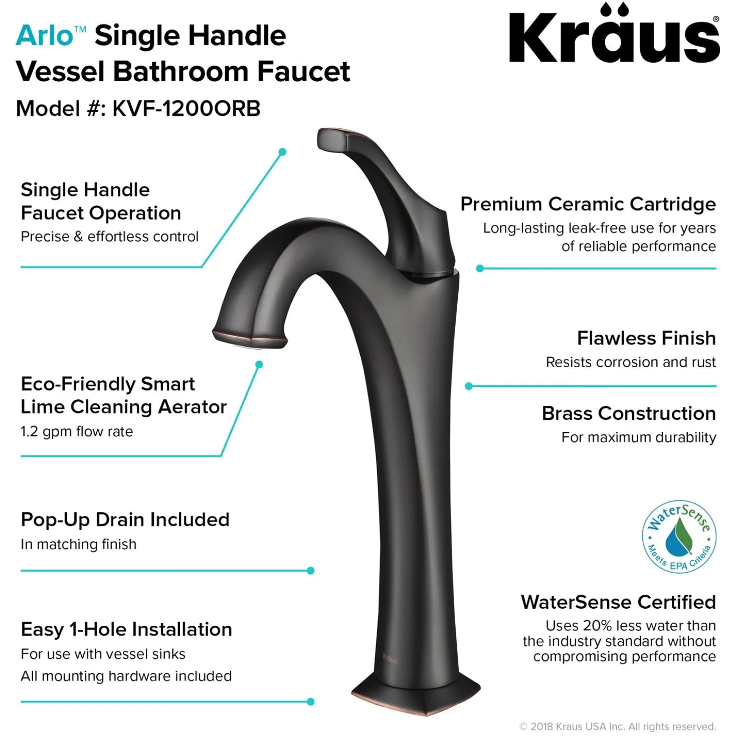 KRAUS Elavo 14-Inch Round White Porcelain Ceramic Bathroom Vessel Sink and Arlo Faucet Combo Set with Pop-Up Drain