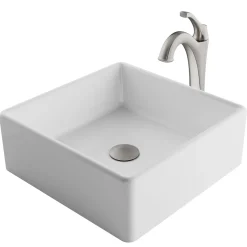KRAUS Elavo 15-Inch Square White Porcelain Ceramic Bathroom Vessel Sink and Arlo Faucet Combo Set with Pop-Up Drain