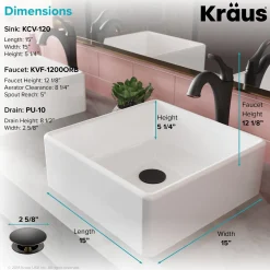 KRAUS Elavo 15-Inch Square White Porcelain Ceramic Bathroom Vessel Sink and Arlo Faucet Combo Set with Pop-Up Drain