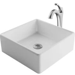 KRAUS Elavo 15-Inch Square White Porcelain Ceramic Bathroom Vessel Sink and Arlo Faucet Combo Set with Pop-Up Drain