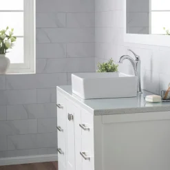 KRAUS Elavo 15-Inch Square White Porcelain Ceramic Bathroom Vessel Sink and Arlo Faucet Combo Set with Pop-Up Drain