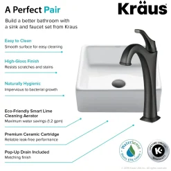 KRAUS Elavo 15-Inch Square White Porcelain Ceramic Bathroom Vessel Sink and Arlo Faucet Combo Set with Pop-Up Drain