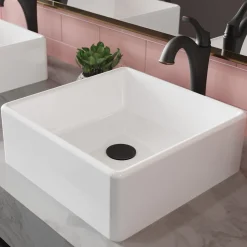 KRAUS Elavo 15-Inch Square White Porcelain Ceramic Bathroom Vessel Sink and Arlo Faucet Combo Set with Pop-Up Drain