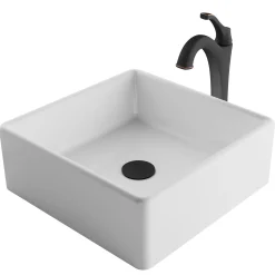 KRAUS Elavo 15-Inch Square White Porcelain Ceramic Bathroom Vessel Sink and Arlo Faucet Combo Set with Pop-Up Drain