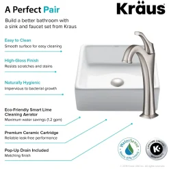 KRAUS Elavo 15-Inch Square White Porcelain Ceramic Bathroom Vessel Sink and Arlo Faucet Combo Set with Pop-Up Drain