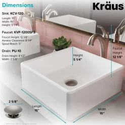 KRAUS Elavo 15-Inch Square White Porcelain Ceramic Bathroom Vessel Sink and Arlo Faucet Combo Set with Pop-Up Drain