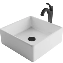 KRAUS Elavo 15-Inch Square White Porcelain Ceramic Bathroom Vessel Sink and Arlo Faucet Combo Set with Pop-Up Drain