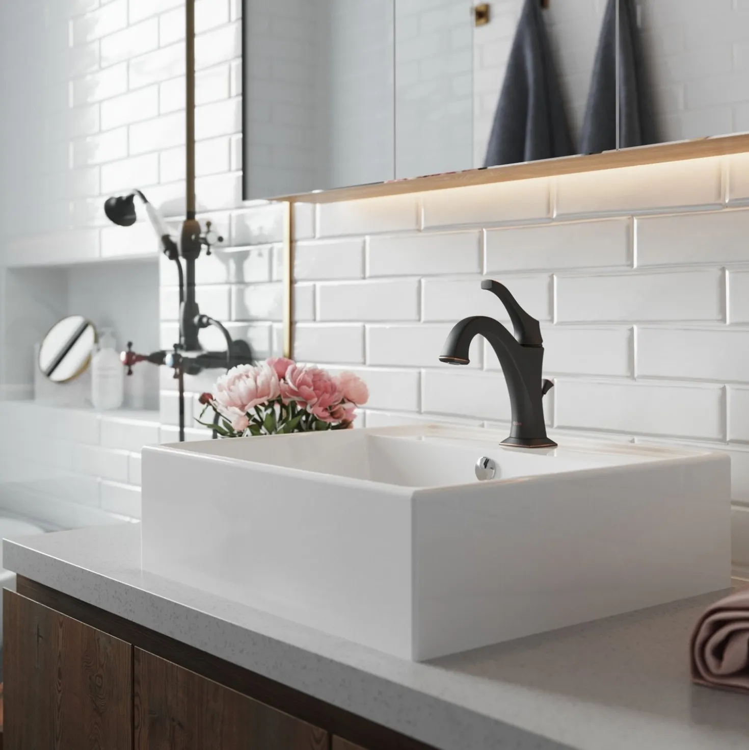 KRAUS Elavo 18 1/2-Inch Square White Porcelain Ceramic Bathroom Vessel Sink with Overflow and Arlo Faucet Combo Set with Lift Rod Drain