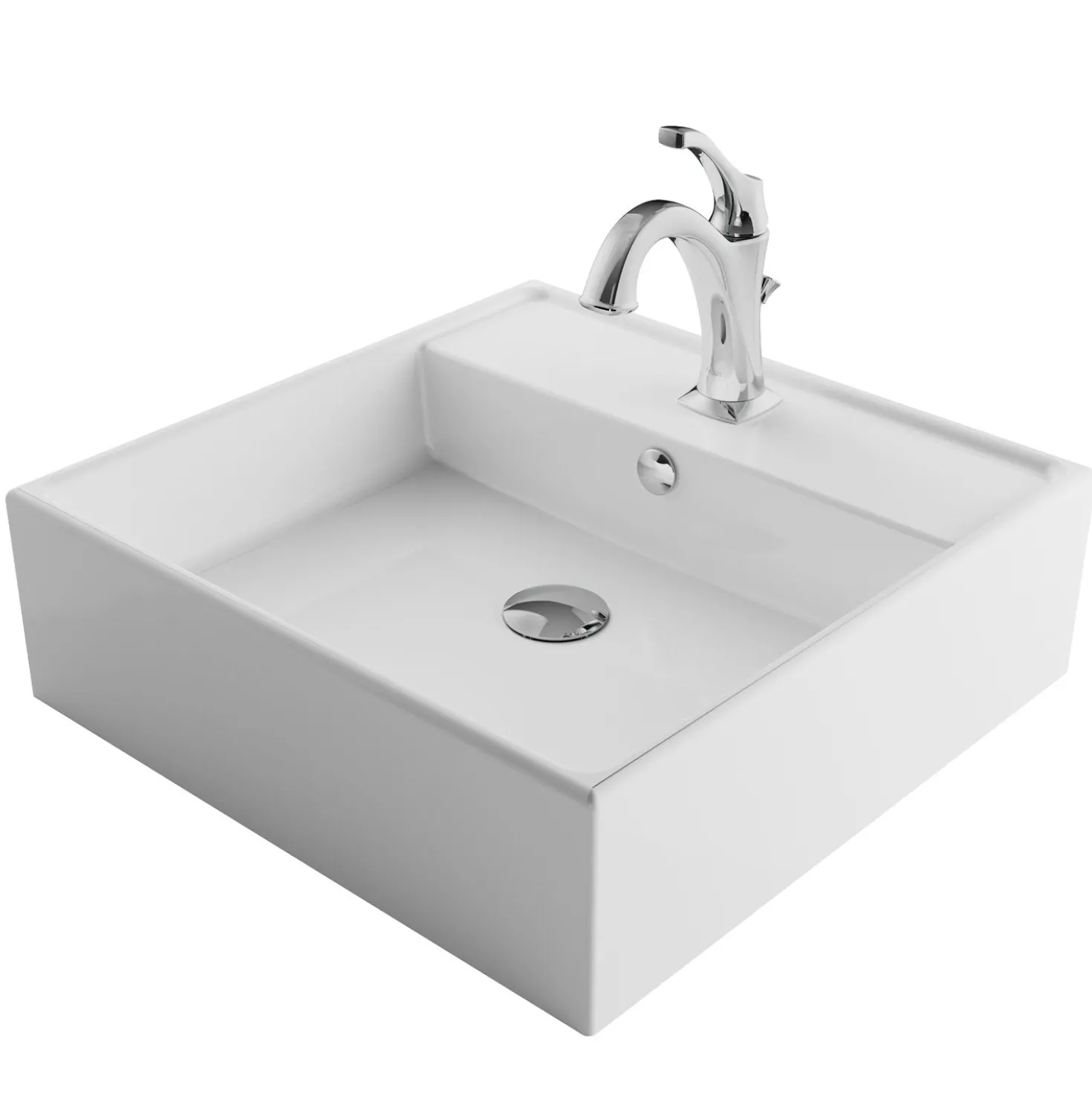 KRAUS Elavo 18 1/2-Inch Square White Porcelain Ceramic Bathroom Vessel Sink with Overflow and Arlo Faucet Combo Set with Lift Rod Drain