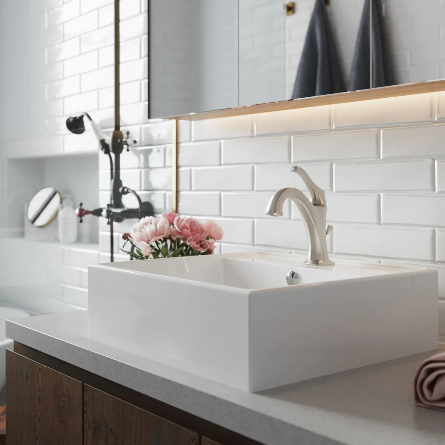 KRAUS Elavo 18 1/2-Inch Square White Porcelain Ceramic Bathroom Vessel Sink with Overflow and Arlo Faucet Combo Set with Lift Rod Drain