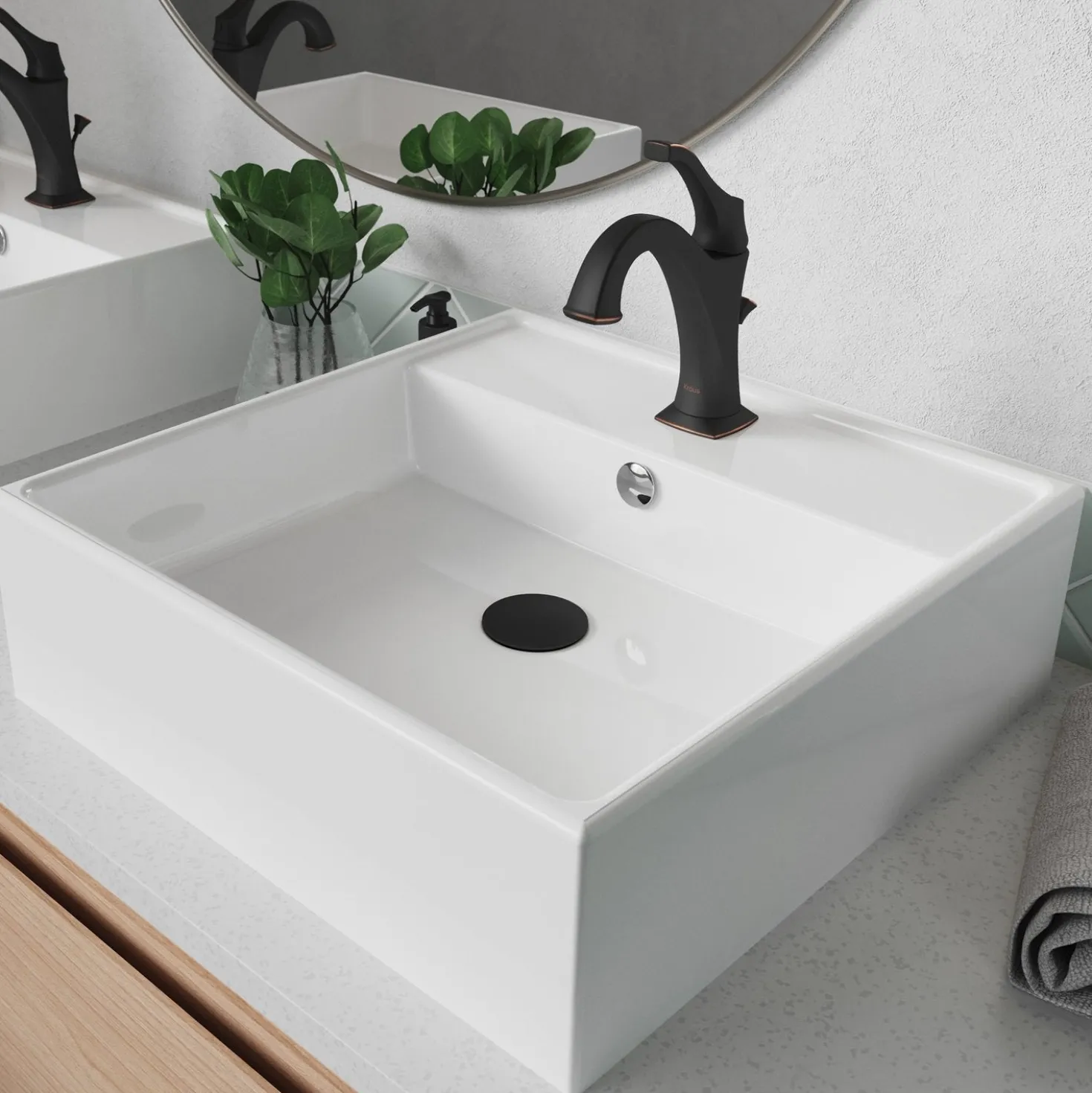 KRAUS Elavo 18 1/2-Inch Square White Porcelain Ceramic Bathroom Vessel Sink with Overflow and Arlo Faucet Combo Set with Lift Rod Drain