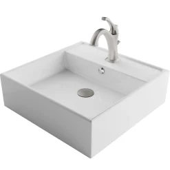 KRAUS Elavo 18 1/2-Inch Square White Porcelain Ceramic Bathroom Vessel Sink with Overflow and Arlo Faucet Combo Set with Lift Rod Drain
