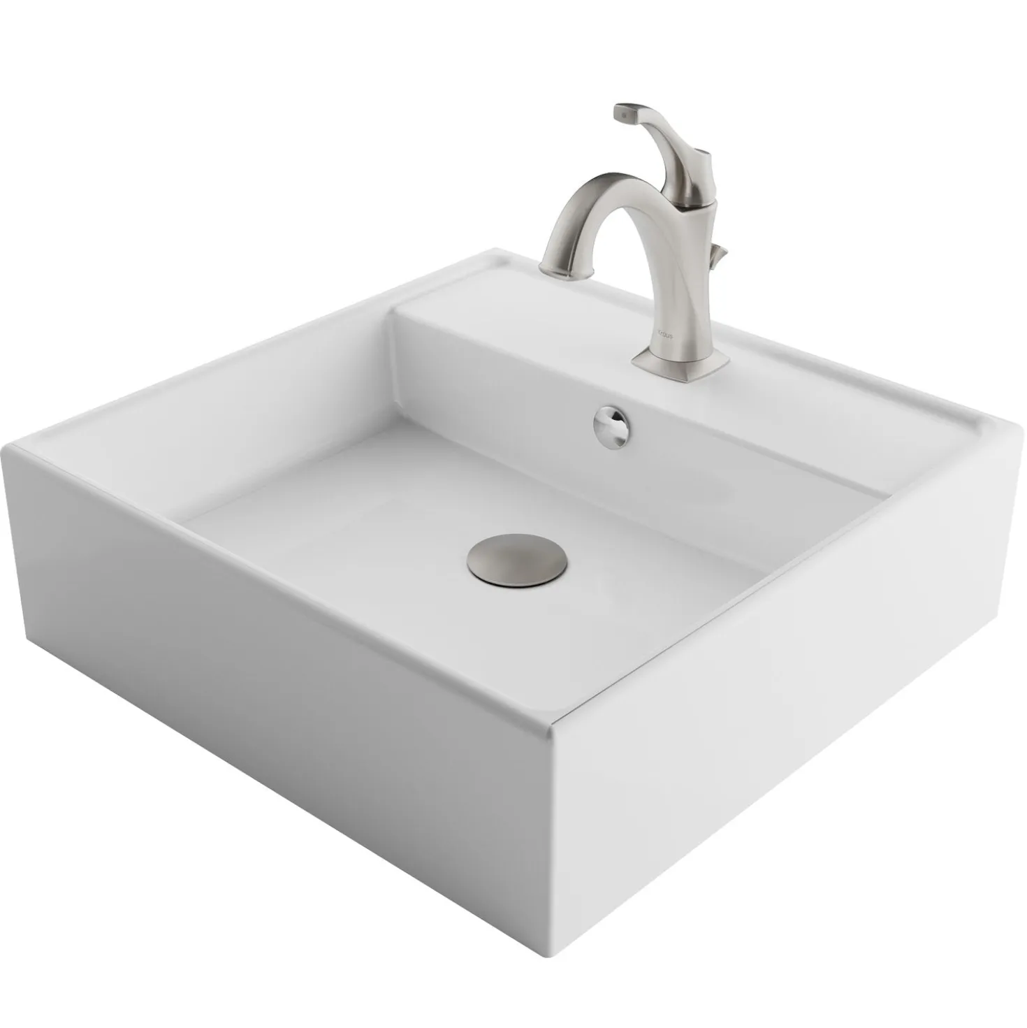 KRAUS Elavo 18 1/2-Inch Square White Porcelain Ceramic Bathroom Vessel Sink with Overflow and Arlo Faucet Combo Set with Lift Rod Drain
