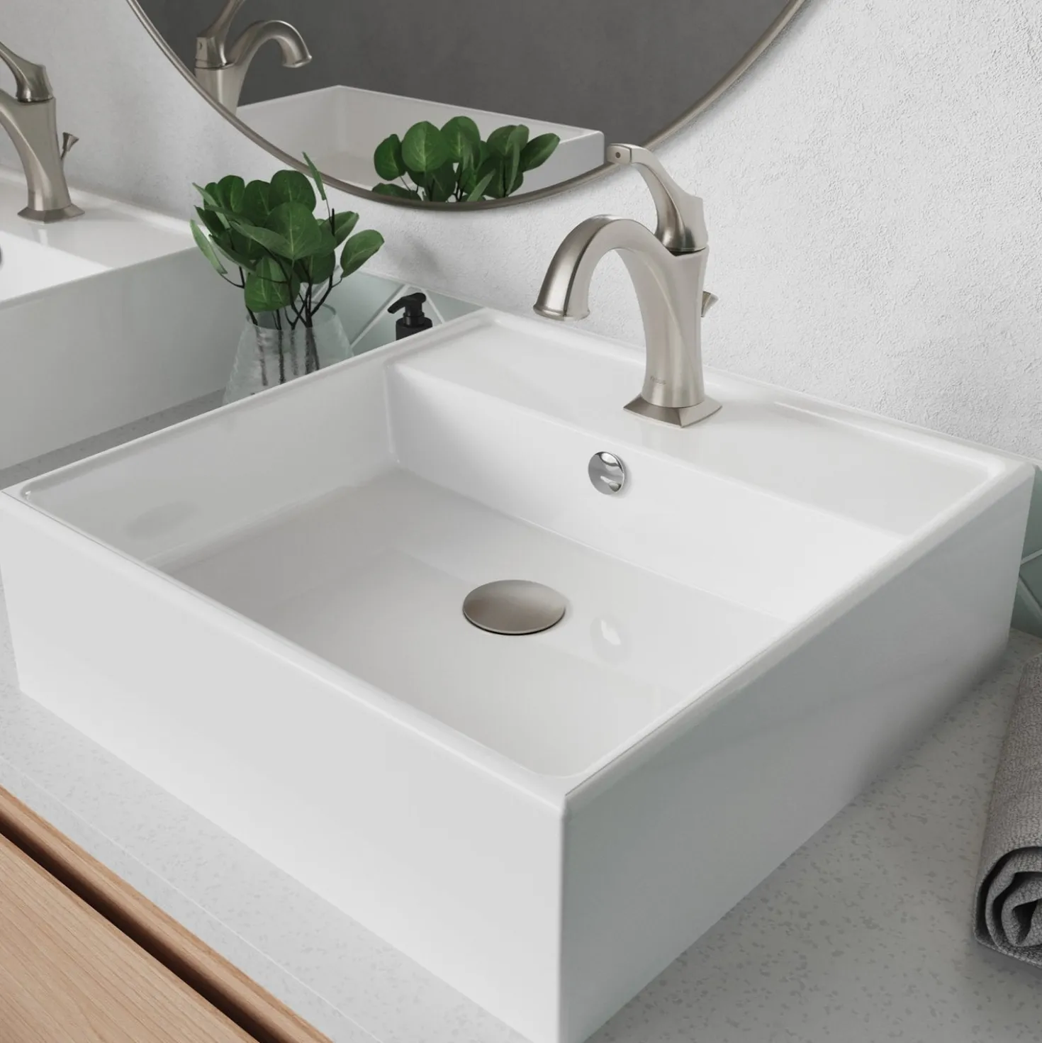 KRAUS Elavo 18 1/2-Inch Square White Porcelain Ceramic Bathroom Vessel Sink with Overflow and Arlo Faucet Combo Set with Lift Rod Drain