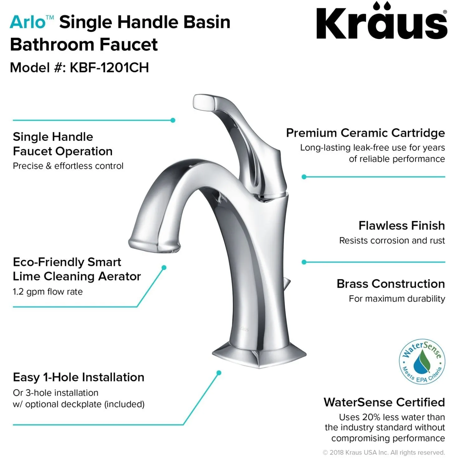 KRAUS Elavo 18 1/2-Inch Square White Porcelain Ceramic Bathroom Vessel Sink with Overflow and Arlo Faucet Combo Set with Lift Rod Drain