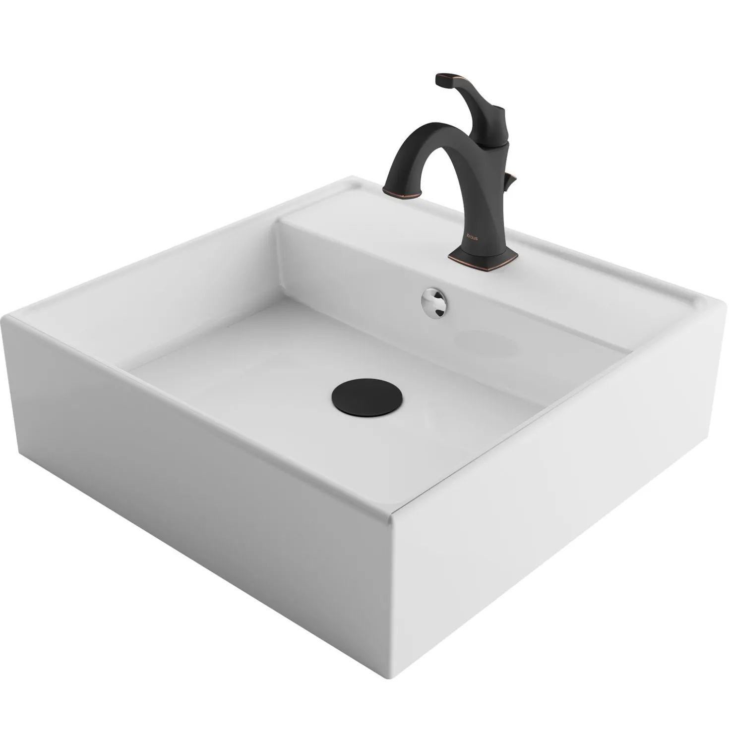 KRAUS Elavo 18 1/2-Inch Square White Porcelain Ceramic Bathroom Vessel Sink with Overflow and Arlo Faucet Combo Set with Lift Rod Drain