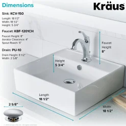 KRAUS Elavo 18 1/2-Inch Square White Porcelain Ceramic Bathroom Vessel Sink with Overflow and Arlo Faucet Combo Set with Lift Rod Drain