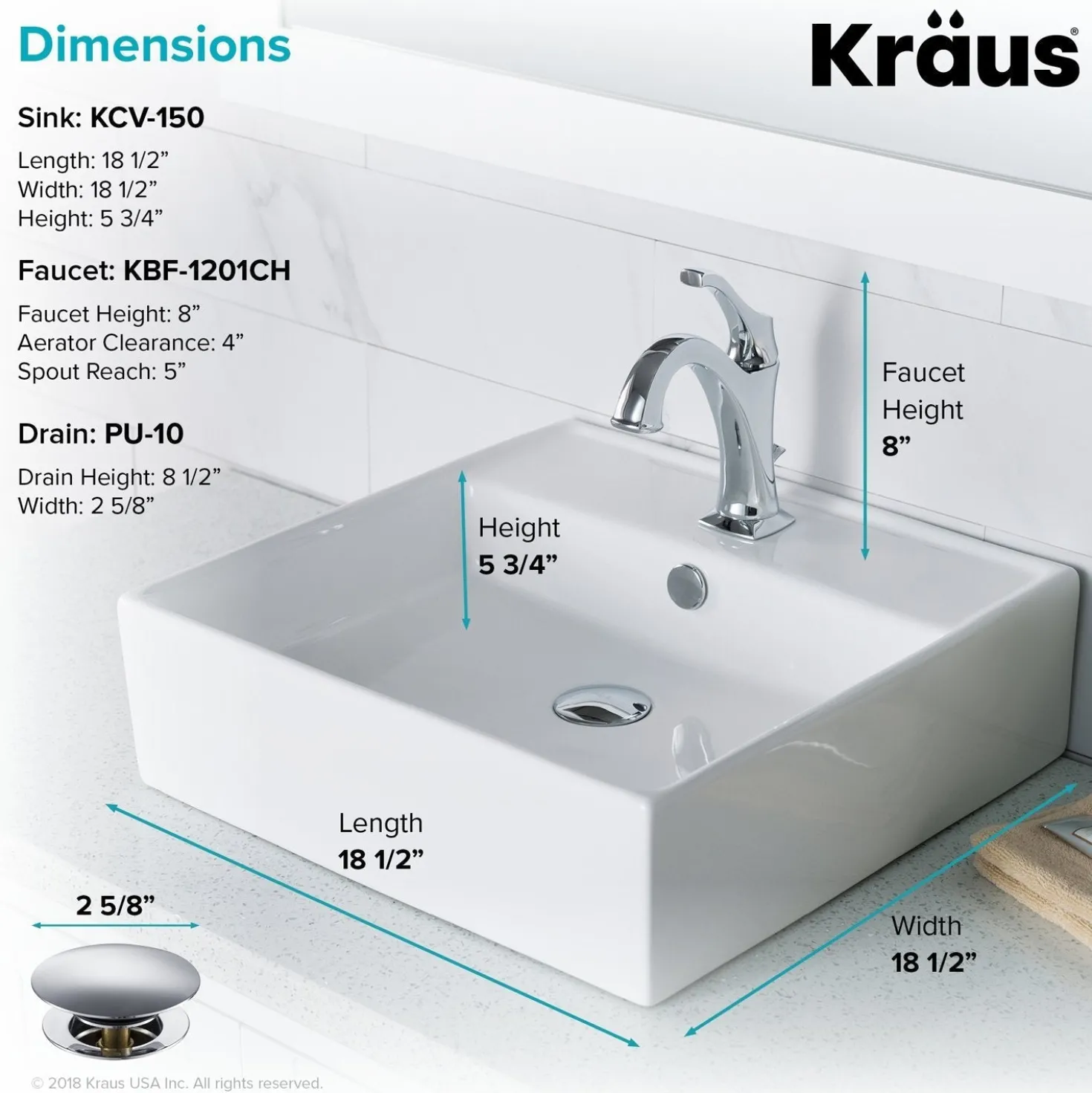 KRAUS Elavo 18 1/2-Inch Square White Porcelain Ceramic Bathroom Vessel Sink with Overflow and Arlo Faucet Combo Set with Lift Rod Drain