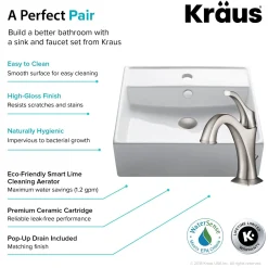 KRAUS Elavo 18 1/2-Inch Square White Porcelain Ceramic Bathroom Vessel Sink with Overflow and Arlo Faucet Combo Set with Lift Rod Drain