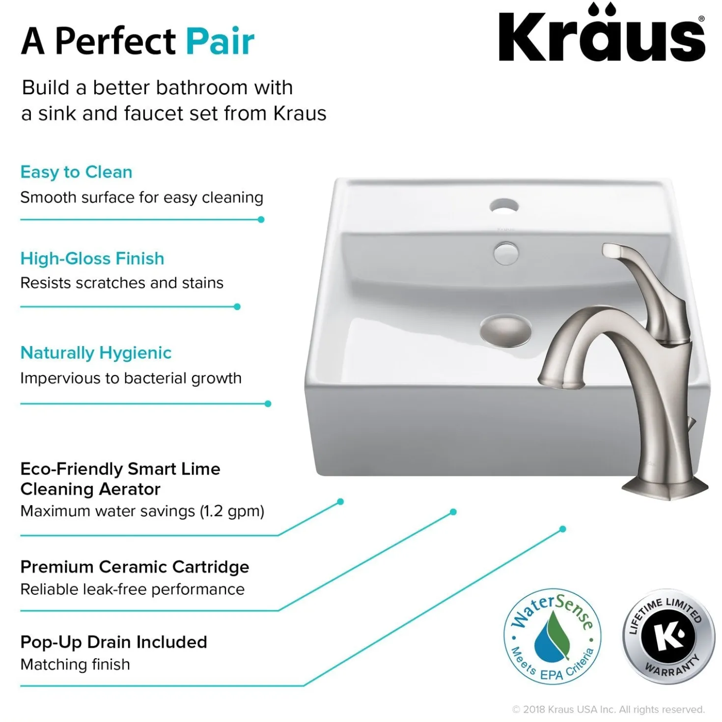 KRAUS Elavo 18 1/2-Inch Square White Porcelain Ceramic Bathroom Vessel Sink with Overflow and Arlo Faucet Combo Set with Lift Rod Drain