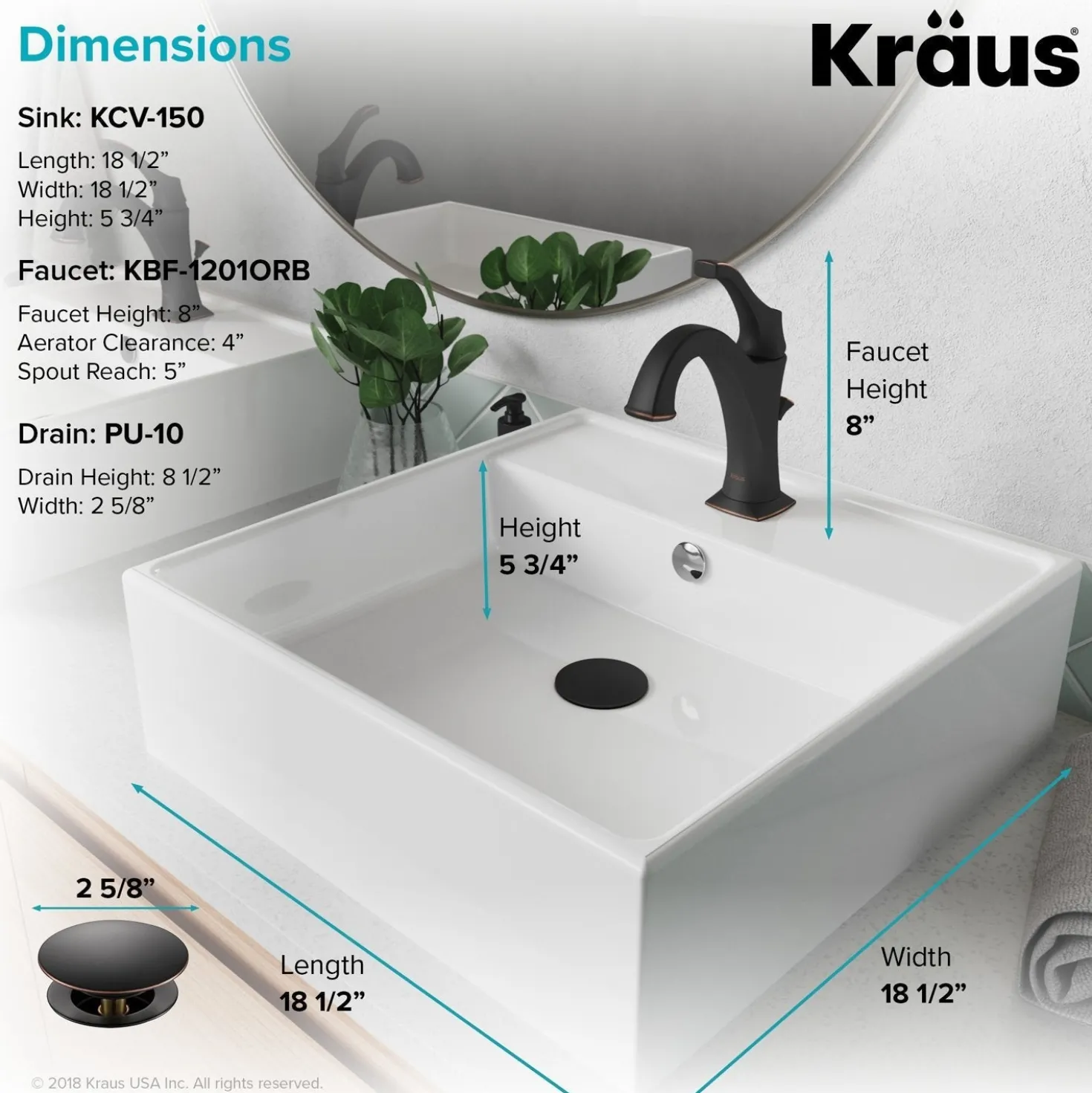 KRAUS Elavo 18 1/2-Inch Square White Porcelain Ceramic Bathroom Vessel Sink with Overflow and Arlo Faucet Combo Set with Lift Rod Drain