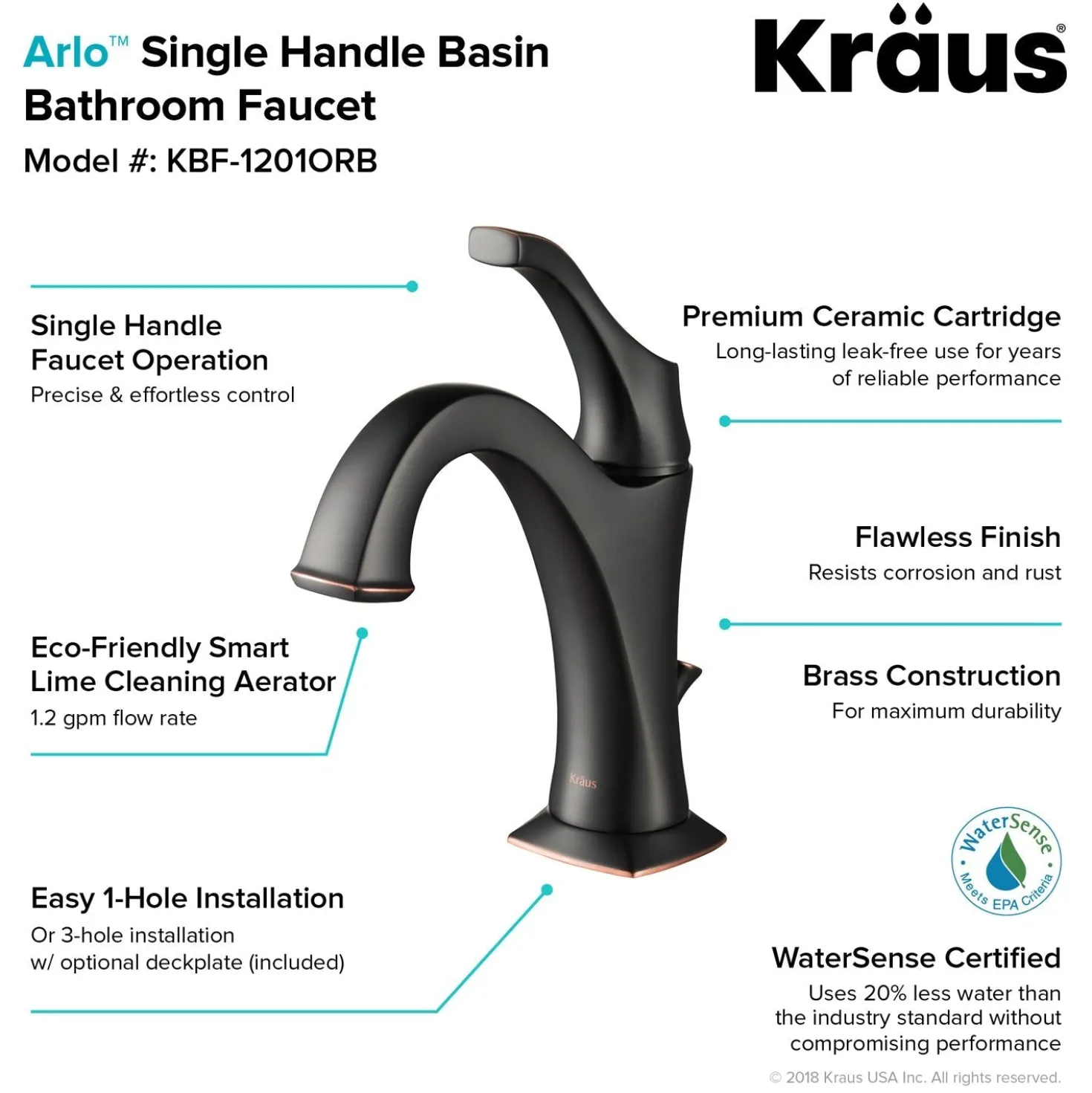 KRAUS Elavo 18 1/2-Inch Square White Porcelain Ceramic Bathroom Vessel Sink with Overflow and Arlo Faucet Combo Set with Lift Rod Drain