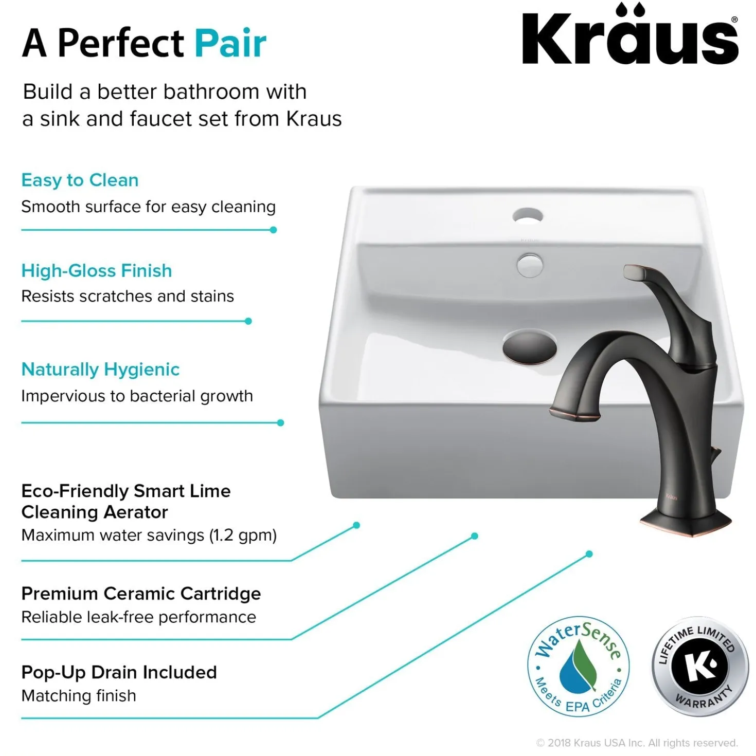 KRAUS Elavo 18 1/2-Inch Square White Porcelain Ceramic Bathroom Vessel Sink with Overflow and Arlo Faucet Combo Set with Lift Rod Drain
