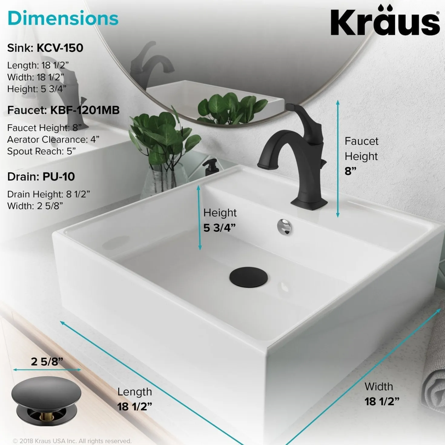 KRAUS Elavo 18 1/2-Inch Square White Porcelain Ceramic Bathroom Vessel Sink with Overflow and Arlo Faucet Combo Set with Lift Rod Drain