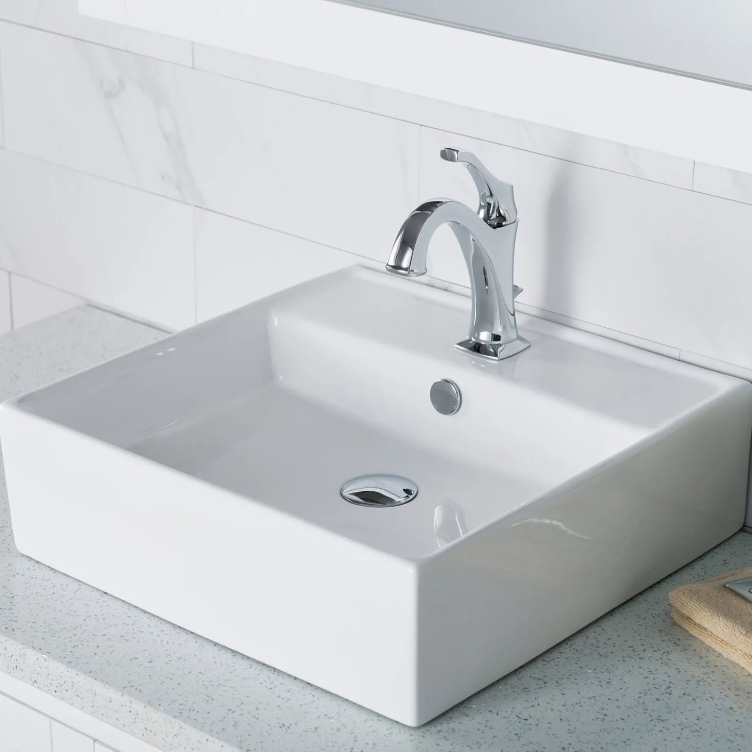 KRAUS Elavo 18 1/2-Inch Square White Porcelain Ceramic Bathroom Vessel Sink with Overflow and Arlo Faucet Combo Set with Lift Rod Drain