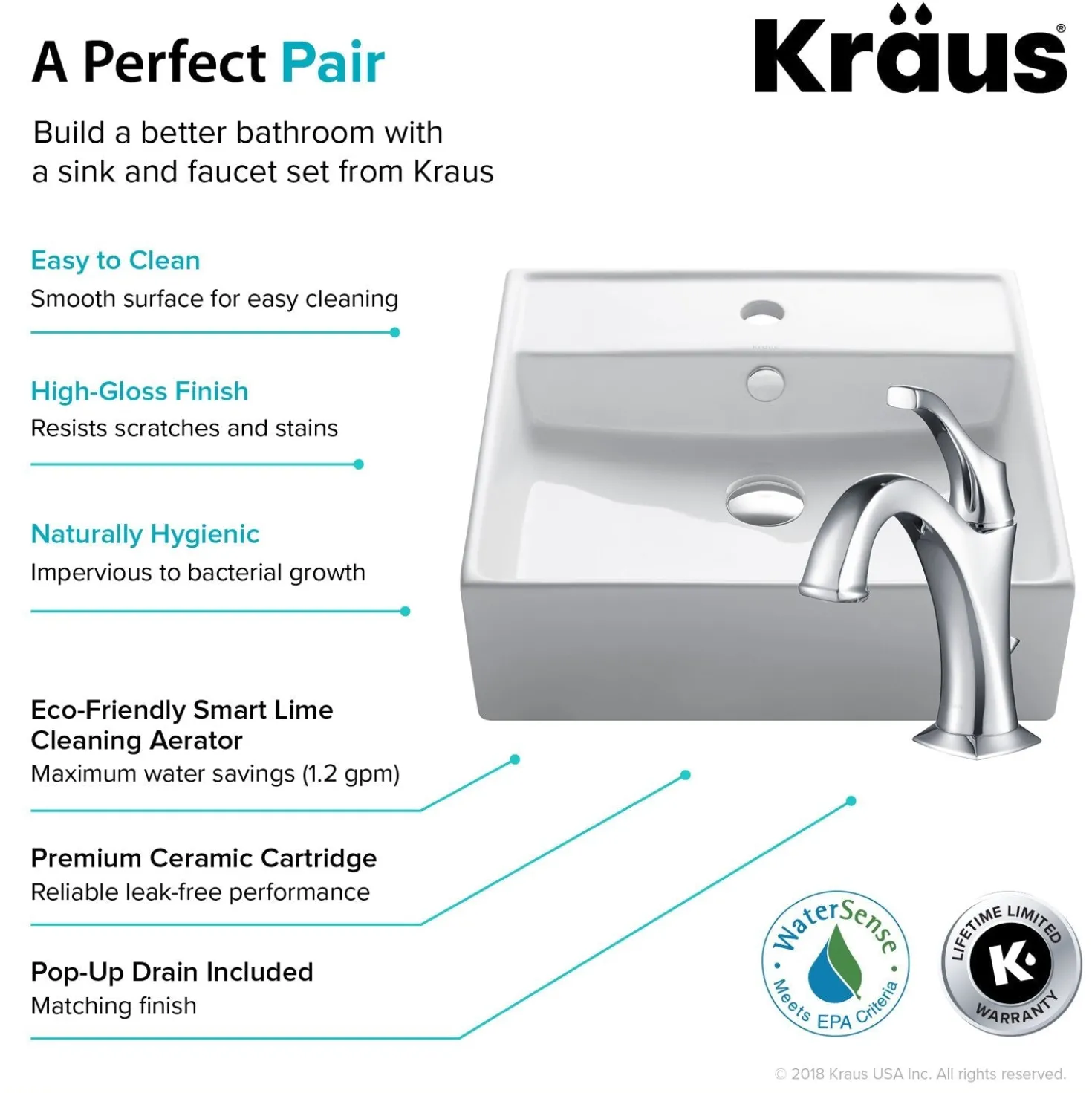 KRAUS Elavo 18 1/2-Inch Square White Porcelain Ceramic Bathroom Vessel Sink with Overflow and Arlo Faucet Combo Set with Lift Rod Drain
