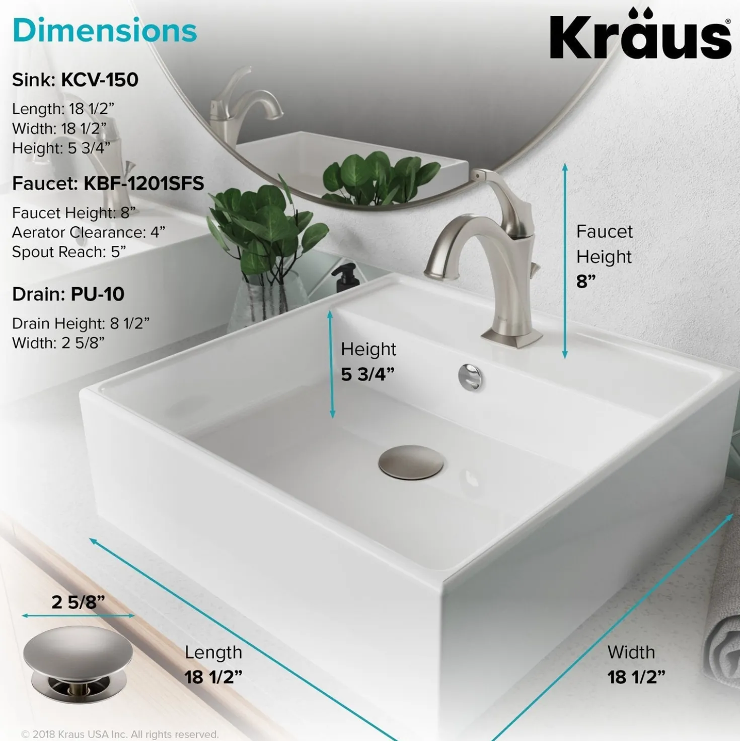 KRAUS Elavo 18 1/2-Inch Square White Porcelain Ceramic Bathroom Vessel Sink with Overflow and Arlo Faucet Combo Set with Lift Rod Drain