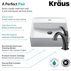 KRAUS Elavo 18 1/2-Inch Square White Porcelain Ceramic Bathroom Vessel Sink with Overflow and Arlo Faucet Combo Set with Lift Rod Drain