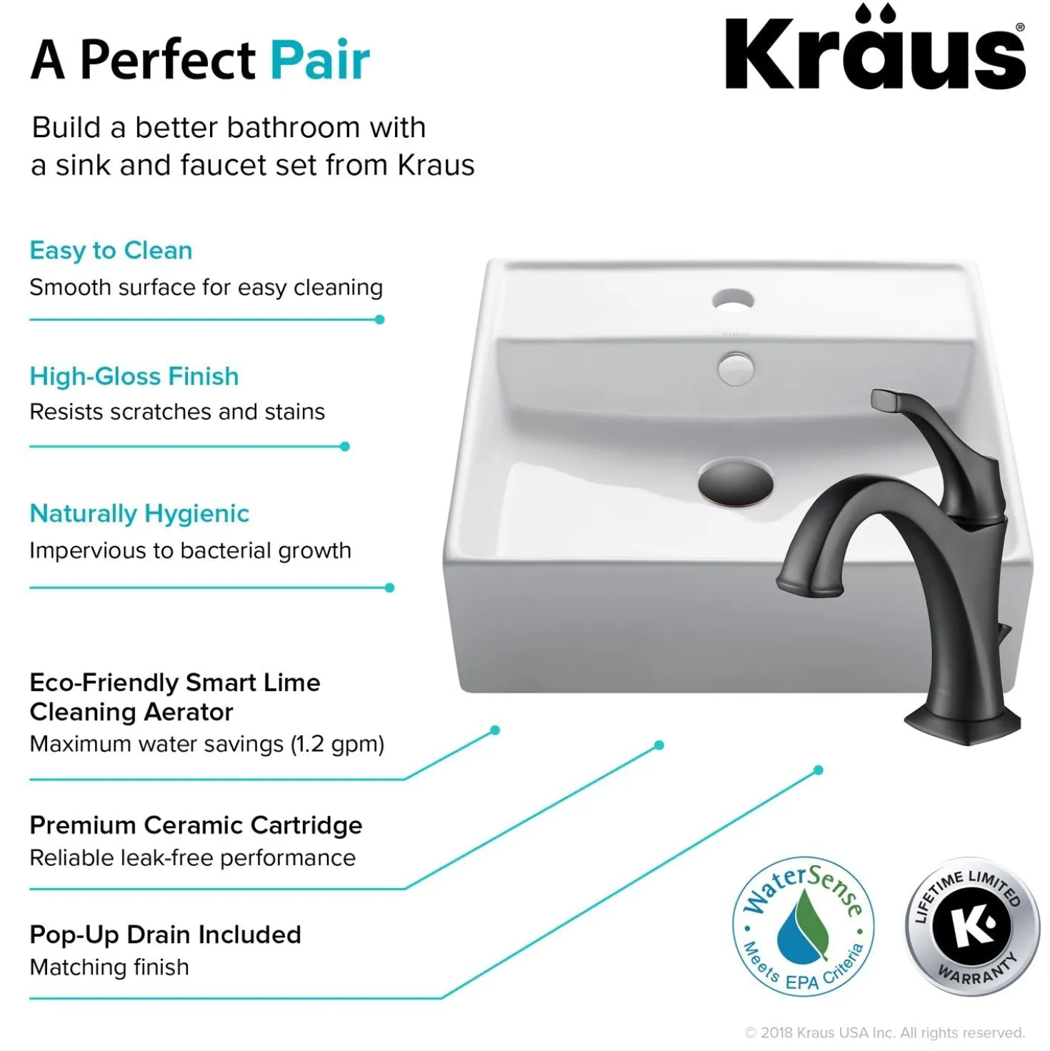 KRAUS Elavo 18 1/2-Inch Square White Porcelain Ceramic Bathroom Vessel Sink with Overflow and Arlo Faucet Combo Set with Lift Rod Drain