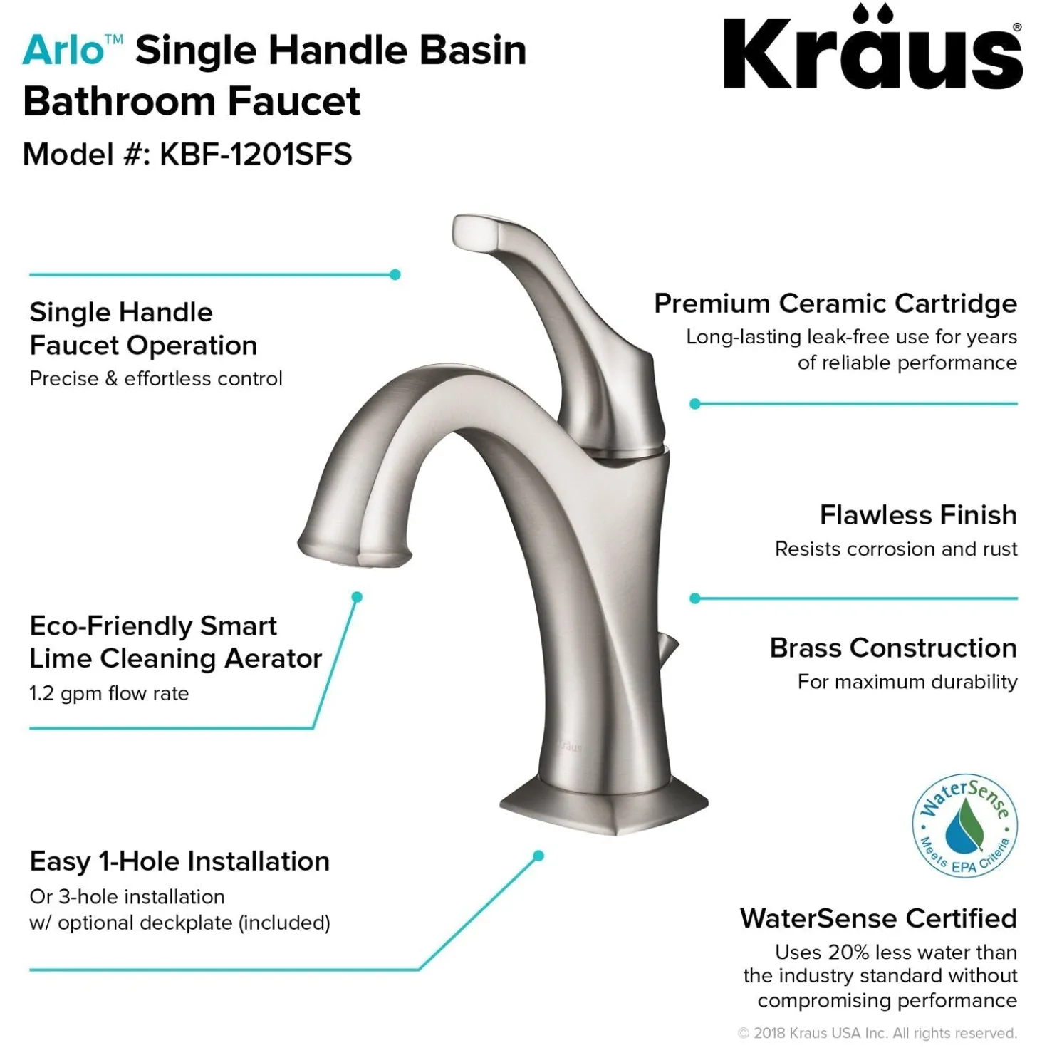 KRAUS Elavo 18 1/2-Inch Square White Porcelain Ceramic Bathroom Vessel Sink with Overflow and Arlo Faucet Combo Set with Lift Rod Drain