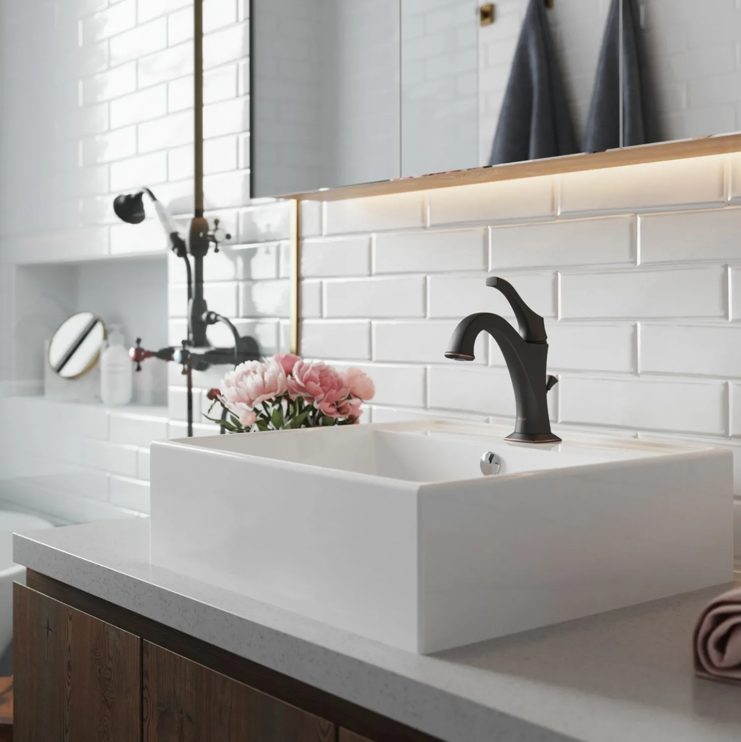 KRAUS Elavo 18 1/2-Inch Square White Porcelain Ceramic Bathroom Vessel Sink with Overflow and Arlo Faucet Combo Set with Lift Rod Drain