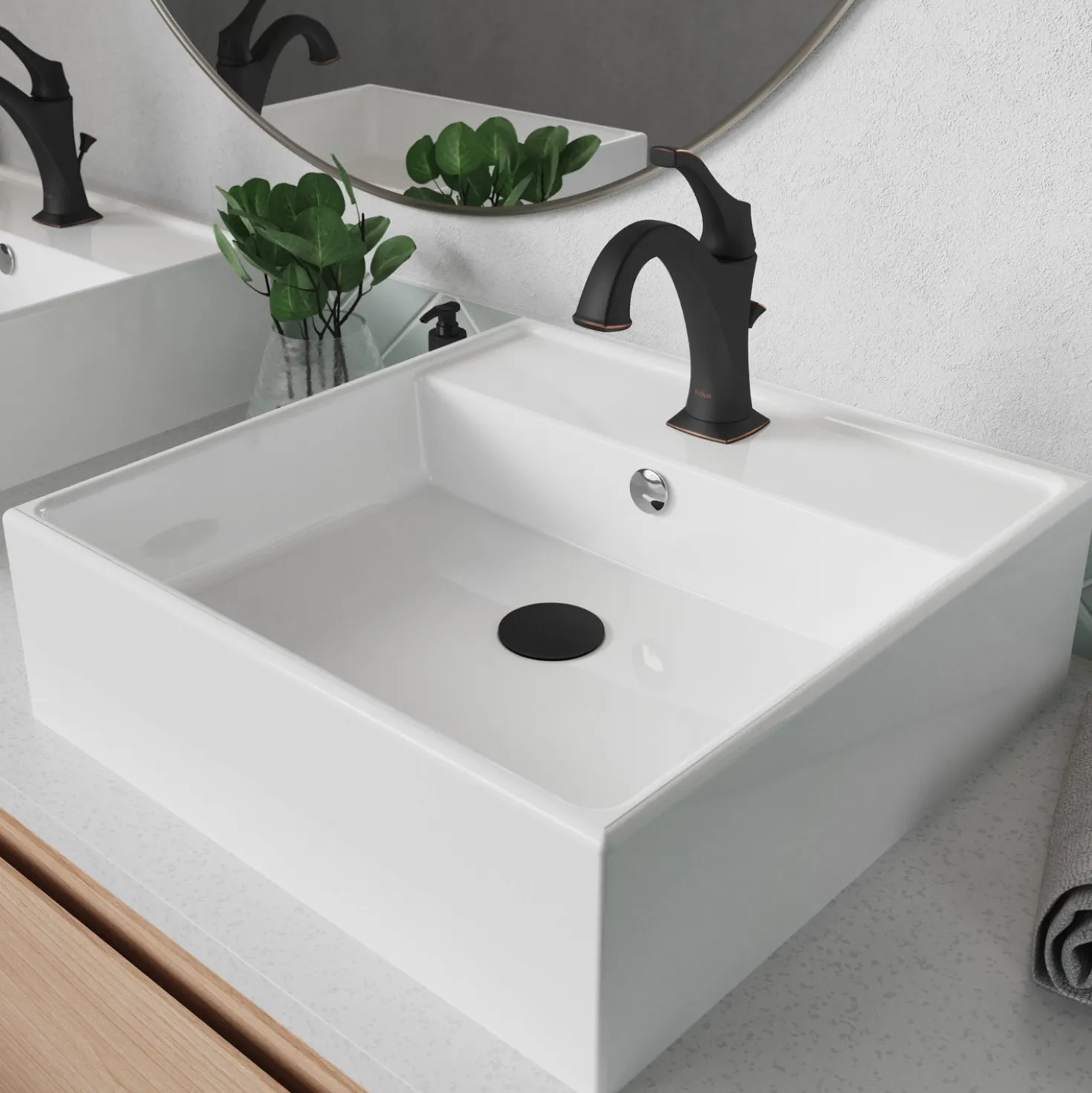 KRAUS Elavo 18 1/2-Inch Square White Porcelain Ceramic Bathroom Vessel Sink with Overflow and Arlo Faucet Combo Set with Lift Rod Drain