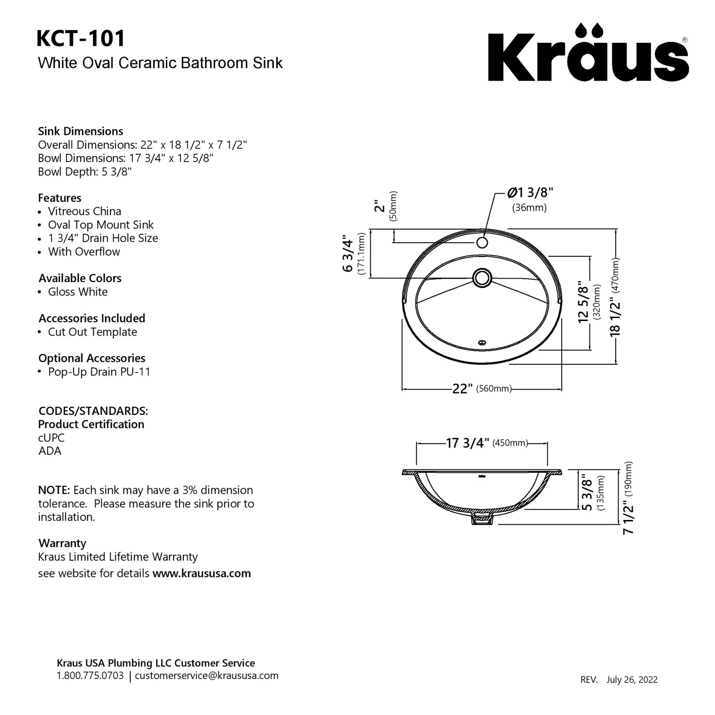 KRAUS Elavo 22" Oval Porcelain Drop In Bathroom Sink in White